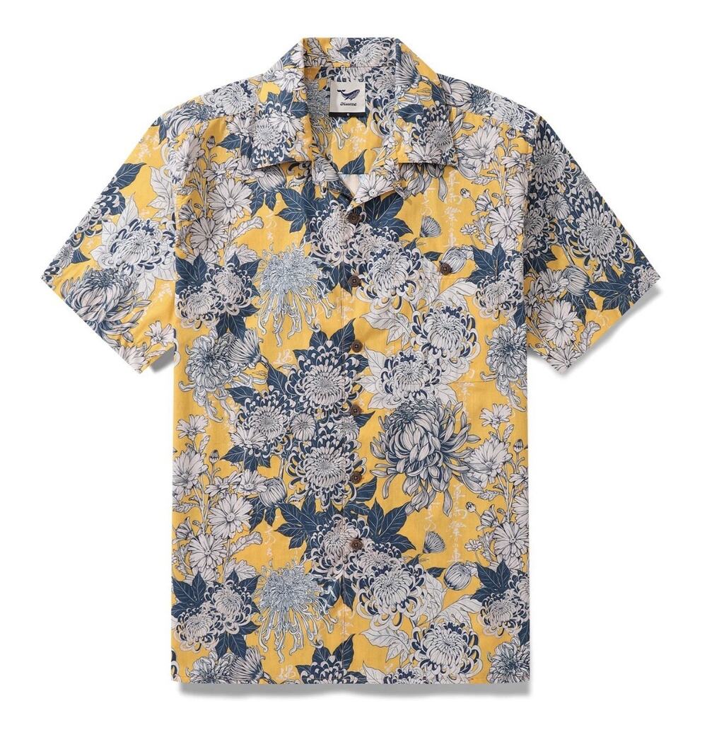 Yiume Men’s Hawaiian Camp Shirt XXL Yellow Blue Floral 100% Cotton Aloha